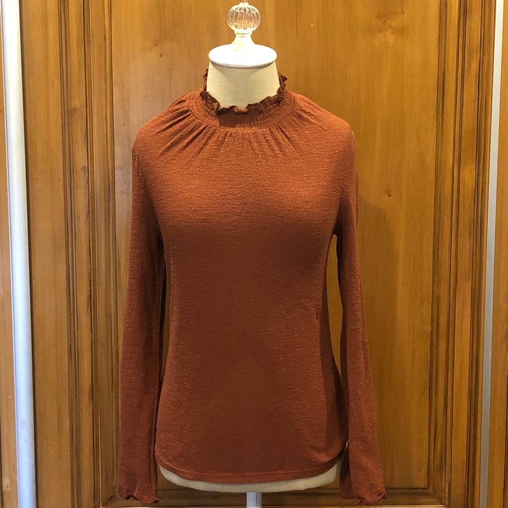 Madewell Texture & Thread Ruffled Mockneck Rust Top